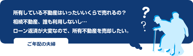 所有している不動産はいったいいくらで売れるの？
相続不動産、誰も利用しないし…
ローン返済が大変なので、所有不動産を売却したい。